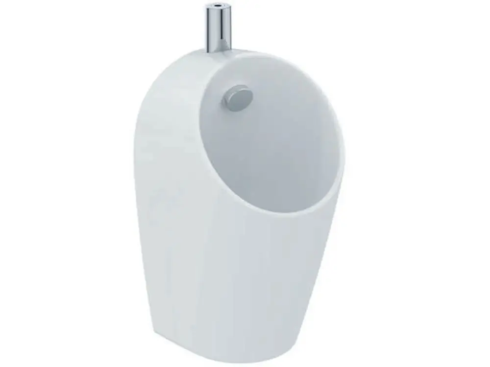 Weißes Urinal von Ideal Standard, runde Form ohne Spülrand, mit obenliegendem Zulauf, geeignet für den Einsatz in Sanitäranlagen.